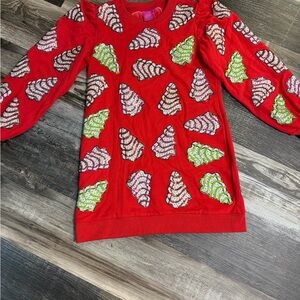 QUEEN OF SPARKLES Red Sweater with Sequin Trees